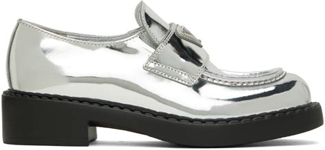 silver prada loafers|Prada high heel loafers.